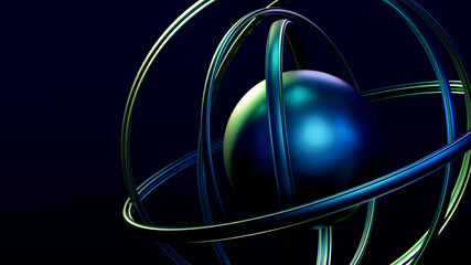 Wall Mural - Abstract Dark Blue Sphere with Orbiting Rings 3D Render