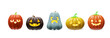 © Arhipteia - 3d Halloween pumpkin set forms, colors, emotions. Glowing scary decoration for October holiday. Three-dimensional vector illustration spooky face light. Autumn Jack o lantern carved evil celebration