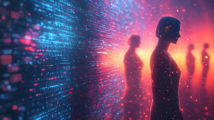 Wall Mural - digital human figures made of particles and light trails, abstract technology background with glowin