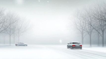 Wall Mural - A snowy, misty winter landscape with bare trees and a road.  Cars are visible traveling through the scene