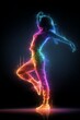 © Charoen - silhouette of a dancer filled with neon music equalizers and stage lights, movement and energy in double exposure artistic theme