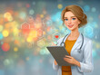 © Kingdola - Smiling Doctor with Digital Tablet: A friendly female doctor, wearing a white coat and stethoscope, smiles confidently while holding a digital tablet.