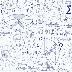 Wall Mural - math vector seamless pattern with handwritten scientific formulas, figures and calculations handwrit
