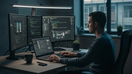 Software engineer working on code with multiple computer screens