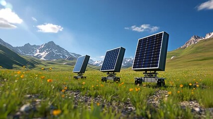 Solar panel array in mountain meadow clean energy technology