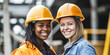 © plysuikvv - Smiling workers in hard hats at construction site Generative AI
