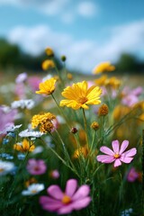 Wall Mural - Close-up shows bright colorful wildflowers in a field. Spring meadow, floral background, wildflowers, nature, botanical garden