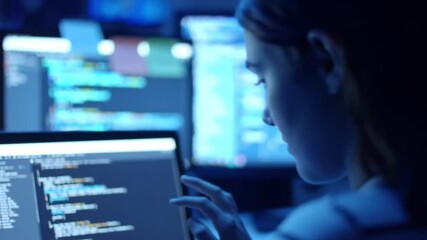 Late Night Coder, Programming, Software Development, Multiple Monitors, Laptop Screen, Blue Light, 