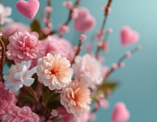 Wall Mural - Floral arrangement with pink flowers and hearts on blue background. Valentine's Day, romance, love, celebration, spring
