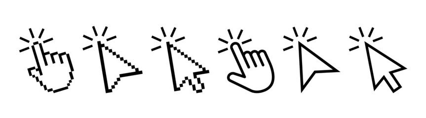 pixel cursor or computer mouse pointer icons set. pixel hand, pointer hand, arrow logo vector isolat
