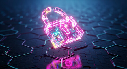 Wall Mural - Glowing Digital Padlock On Hexagonal Grid Represents Network Safety And Data Protection Concept With Blue And Purple Lights
