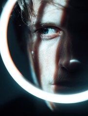 Aufkleber - Glowing Ring Light Reflected in Photographers Eye Creates Captivating Visual Experience in Minimalist Composition