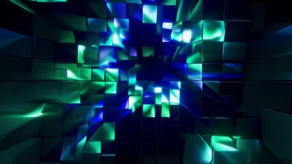 Wall Mural - dark abstract background with glowing blue and green tiles