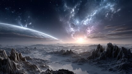 Wall Mural - a breathtaking cosmic landscape showcases jagged mountain peaks under a colorful sky filled with the