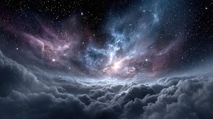 Wall Mural - Colorful celestial formations blend beautifully with soft clouds under a night sky filled with countless stars. The serene atmosphere invites contemplation of the universe's vastness.