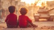 © tashechka - Children observing a tank on a war-torn street during sunset