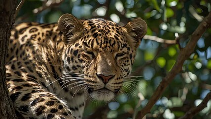 Wall Mural - veo 3 of a leopard staring from tree branches in the jungle