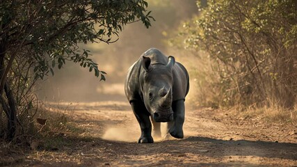 Wall Mural - rhinoceros walking along a dusty forest path in golden light, 4k wildlife video