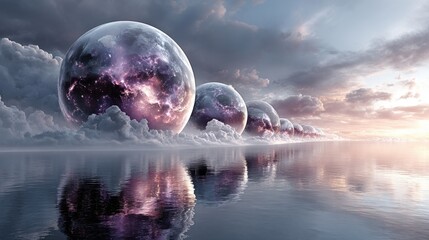 Wall Mural - Five ethereal spheres float above a calm lake, reflecting vibrant colors against a backdrop of serene clouds at sunset. The scene evokes a sense of wonder and tranquility.
