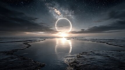 Wall Mural - A dramatic celestial event unfolds over the ocean as twilight deepens. A luminous ring appears in the sky, reflecting beautifully on the still waters, creating a serene atmosphere.