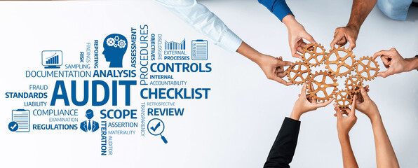 Aufkleber - A diverse group of hands assemble a wooden puzzle around an audit checklist, symbolizing teamwork in compliance, analysis, and processes in a business environment. Amity