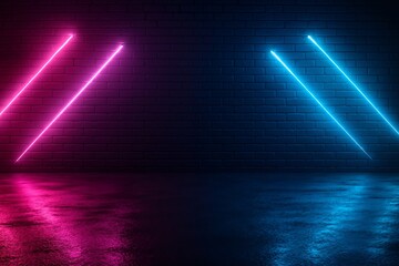 Wall Mural - a stunning contrast of neon light: a dance of pink and blue beams illuminating a dark, reflective su