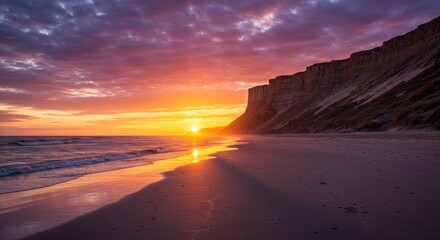 Wall Mural - Beach Sunset Cliffscape View - Serene beach sunset, cliffs, ocean waves, golden hour, tranquility. Symbolizing peace, nature, beauty, escape, and serenity