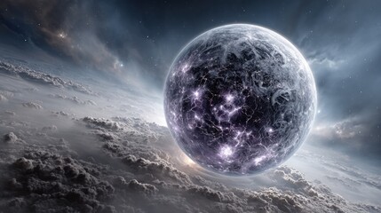 Wall Mural - a large glowing sphere radiates light while floating among dense clouds in the vastness of space. th
