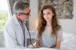 © Aleksandr - Caucasian elderly male doctor examines caucasian teen female patient with stethoscope