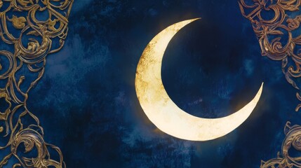 Wall Mural - a blue background with a yellow crescent moon. the moon is lit up by the sun. the image has a peacef