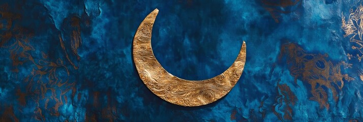 Wall Mural - a blue background with a yellow crescent moon. the moon is lit up by the sun. the image has a peacef