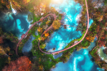 Wall Mural - aerial view of blue lakes in red autumn forest at sunrise. morning in plitvice lakes park, croatia. 