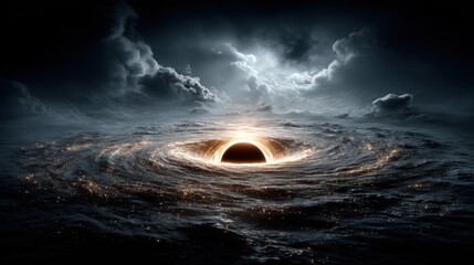 Wall Mural - a mesmerizing black hole dominates the center, with cosmic gases spiraling around it, illuminated by
