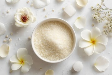 Aufkleber - Relaxing Bath Setup With Bath Salts and Flower Petals in a Serene White Environment for a Calming Experience