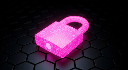 Wall Mural - Glowing Pink Digital Lock Illuminated on Black Hexagonal Background