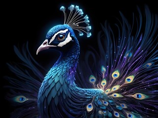 Naklejka na meble Ethereal Glowing Peacock with Vibrant Radiant Tail Feathers in Kirlian Electrography Style, Mystical Bird on Dark Background Emitting Magical Light
