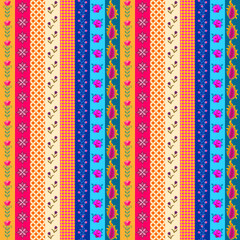 Wall Mural - Seamless patchwork pattern of colorful vertical stripes with flowers, leaves, abstract ornaments. Fabric print in folk style.