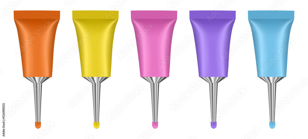 Set of metal tubes with long nozzle. Orange, yellow, pink, purple and ...