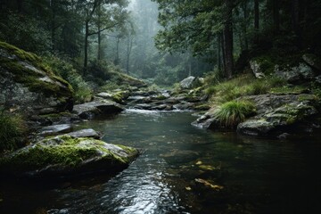  A tranquil river flows past moss-covered rocks in a lush forest, enveloped by morning mist and soft natural light
