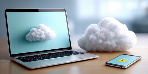 Aufkleber - Laptop Displaying Cloud Computing Concept Next to a Secure Smartphone, Illustrating Modern Technology and Data Protection Solutions for Business : Generative AI