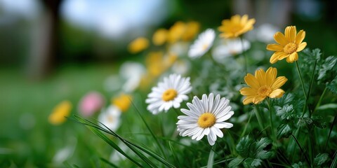 Aufkleber - White and Yellow Daisies in a Lush Green Meadow, Symbolizing Natural Beauty and Springtime Renewal for Seasonal Marketing Campaigns : Generative AI