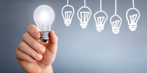 Poster - Hand Holding a Lit Lightbulb With Drawn Bulbs Behind, Symbolizing Innovation and Creative Problem Solving for Business Development and Brainstorming : Generative AI