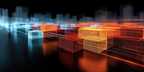 Poster - Abstract Cityscape of Glowing Wireframe Cubes, Representing Data Flow and Digital Transformation, Perfect for Technology and Innovation Concepts : Generative AI