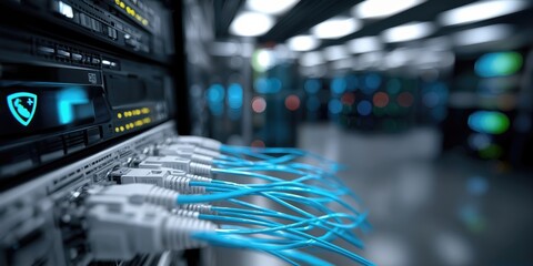 Fototapete - Data Center Server Racks With Blue Cables, Showcasing Network Infrastructure and Technological Advancement for Digital Transformation Initiatives : Generative AI