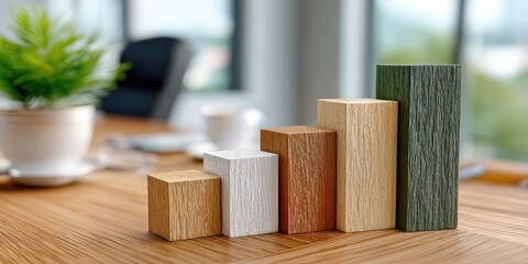 Aufkleber - Wooden Block Graph on Desk in Bright Office, Illustrating Business Growth and Financial Planning, Suitable for Corporate Presentation and Data Analysis : Generative AI