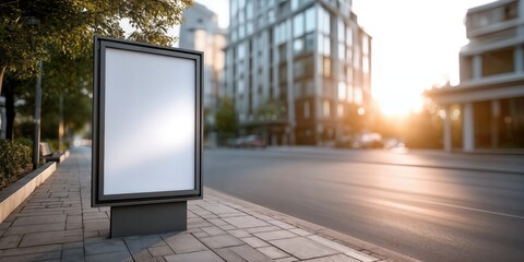 Poster - Blank Billboard on City Sidewalk at Sunset, Ideal for Outdoor Advertising and Urban Marketing Campaigns, Promoting Awareness and Visibility : Generative AI