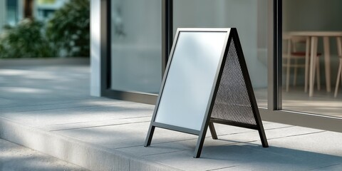 Poster - Blank Sandwich Board Sign on Sidewalk Outside Storefront, Ideal for Retail Advertising and Local Business Promotion : Generative AI