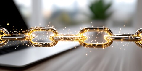 Aufkleber - Golden Chain Links on Laptop, Symbolizing Blockchain Technology and Digital Security for Online Business and Data Protection, Sparking Innovation : Generative AI