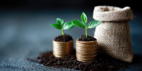 Fototapete - Seedling Growing From Stack of Coins With Hessian Sack, Symbolizing Financial Growth and Investment Strategy For Business Startup : Generative AI