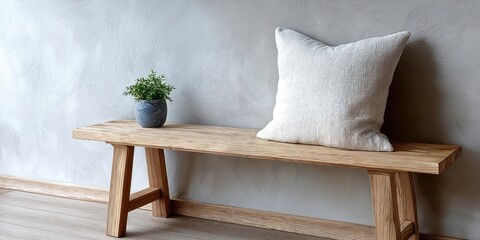 Fototapete - Minimalist Interior With Wooden Bench, Pillow, and Plant, Showcasing Home Decor and Sustainable Living : Generative AI